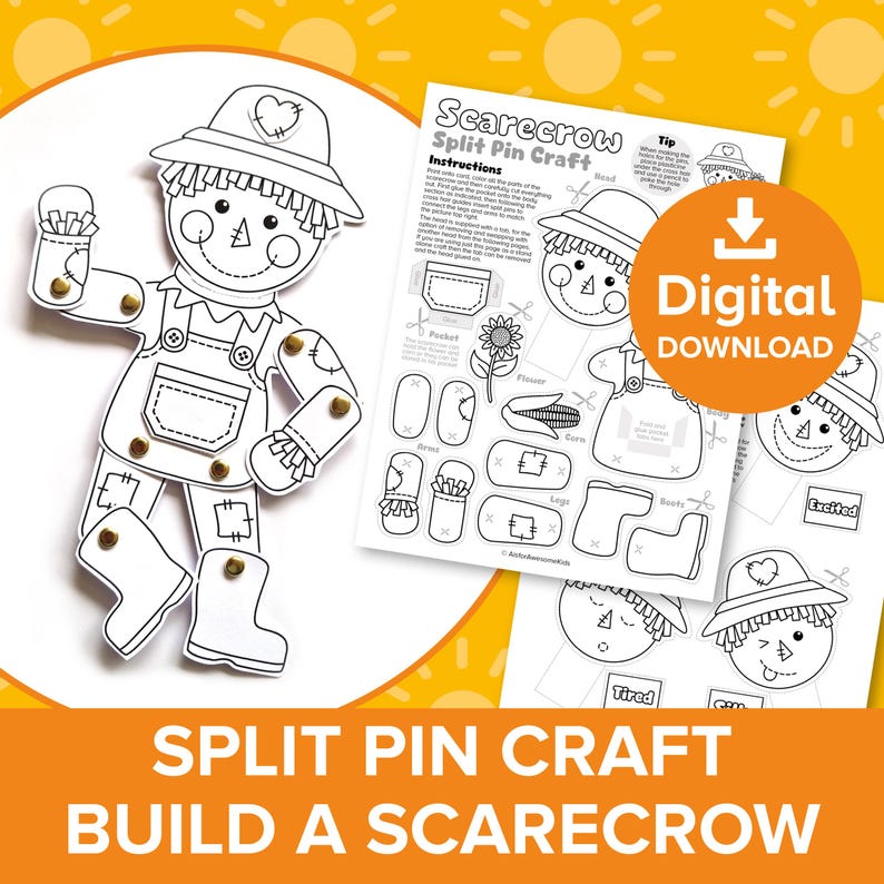 May include: A printable black and white craft activity for kids to build a scarecrow. The printable includes a scarecrow body, a hat, a pocket, a flower, corn, boots, and a sign that says "Excited". The printable also includes instructions for the craft.