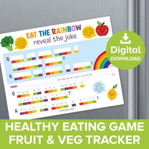 Eet de regenboog beloningskaart voor gezond eten voor kinderen, kindergrappen volgen groenten en fruit, grappige gezondheidsvoedselspeluitdaging afdrukbaar