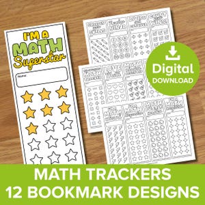 May include: A collection of 12 math-themed bookmark designs. The bookmarks feature various designs, including star trackers, math problems, and the text "I'm a Math Superstar." The image also includes a green "Digital Download" badge.