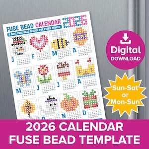 2026 Fuse Bead Calendar Craft, New Year Mini Pixel Art Patterns, Hama Perler 1-Page Yearly Planner Template, Crafty Kids Printable Activity