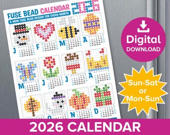 2026 Fuse Bead Calendar Craft, New Year Mini Pixel Art Patterns, Hama Perler 1-Page Yearly Planner Template, Crafty Kids Printable Activity