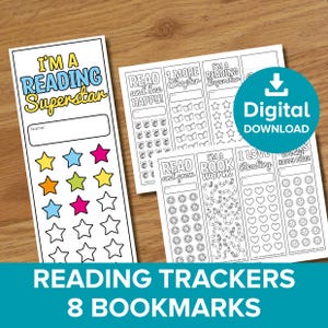 May include: A set of eight reading tracker bookmarks with various designs. One bookmark reads "I'M A READING Superstar" with star graphics. Other bookmarks include "READ and bee HAPPY!" and "I LOVE Reading". The words "Digital DOWNLOAD" are also visible.