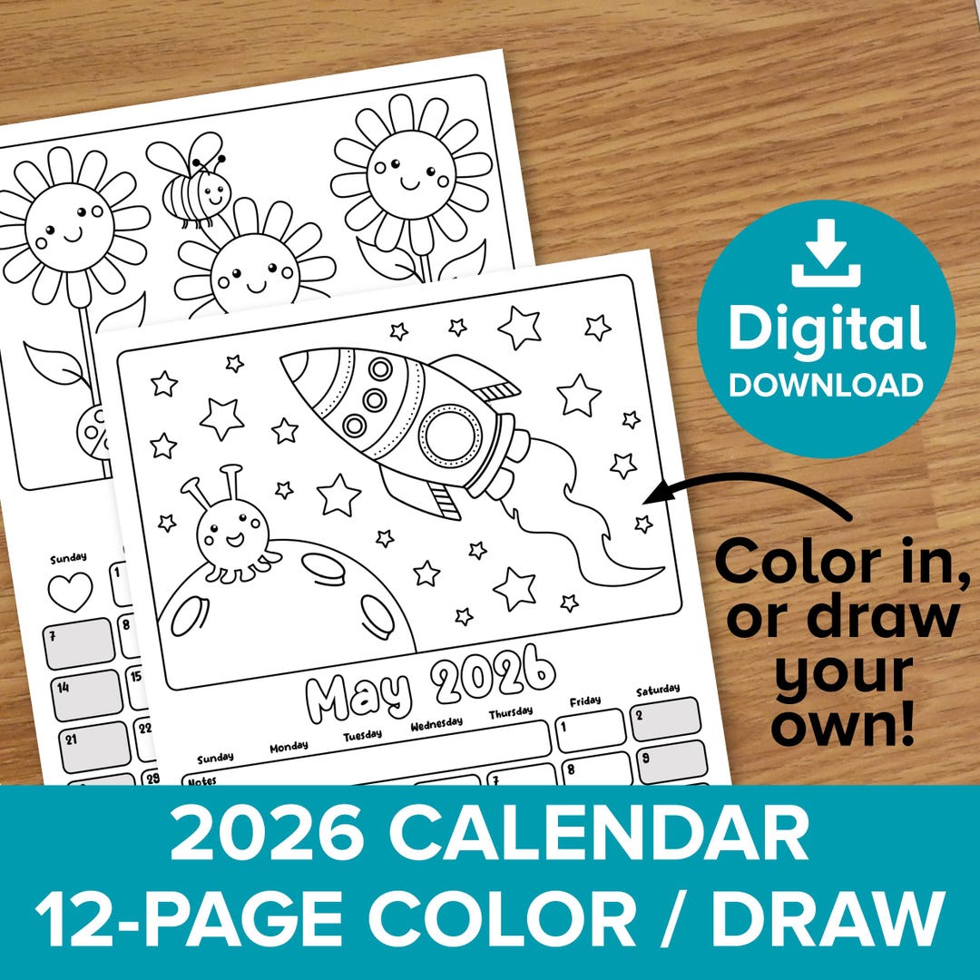 2026 Coloring Calendar Printable, May Month to View 12 Page Boxed ...