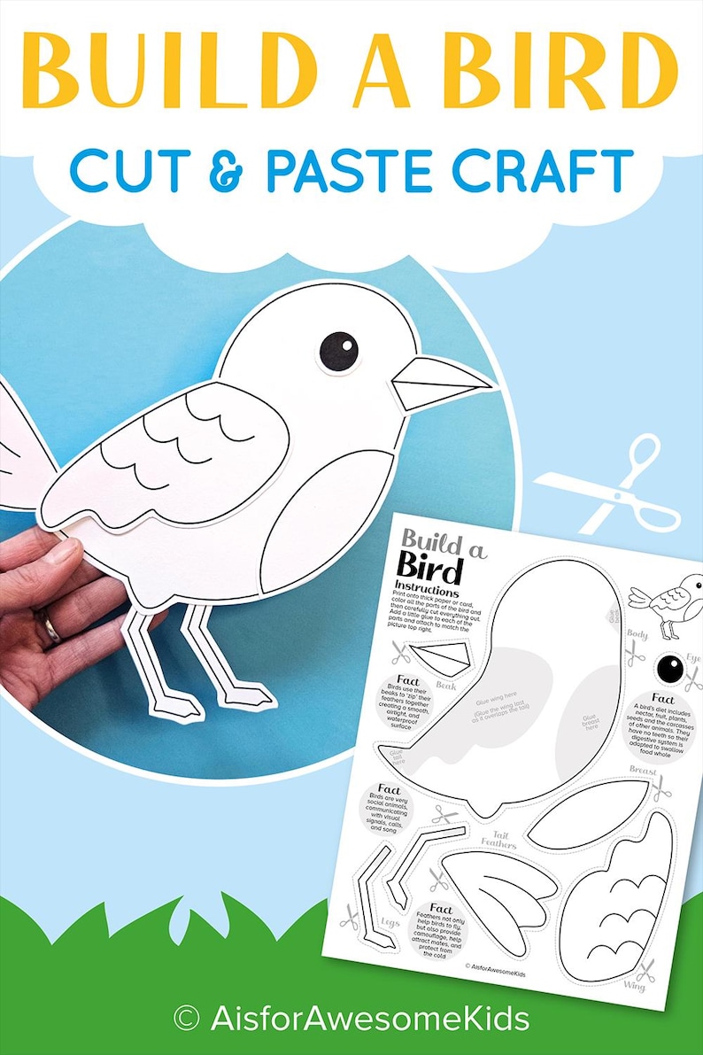 Bird Cut & Paste Craft Printable, Build a Spring Animal Coloring Page ...