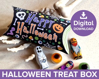 Halloween Treat Box, Cut-out & Color Spooky Pillow Gift Wrap, Trick or Treat Sweets Candy Holder, Kids Craft Activity Party Bag Printable