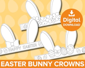 Bunny Paper Crowns Printable, Easter Rabbit Ears Hat Coloring Craft, Spring Bonnet Egg Hunt Party Bag Filler, Dress-up Costume Art Activity