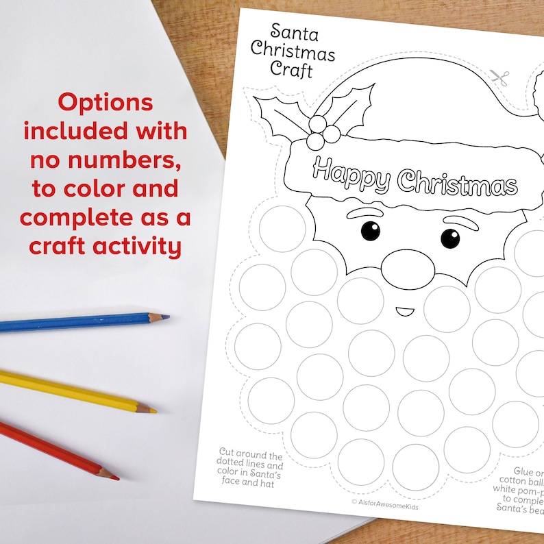 May include: A black and white Santa Christmas craft activity sheet with the text "Santa Christmas Craft" and "Happy Christmas". The sheet includes dotted circles for decorating Santa's beard and instructions for coloring.