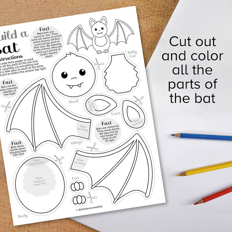 Op de afbeelding: Een printbaar vleermuis knutselwerk voor kinderen. Knip de vleermuis zijn lichaam, vleugels, kop, oren, voeten en buikvacht uit en kleur ze in. Plak de stukken aan elkaar om een 3D vleermuis te maken. Het knutselwerk bevat leuke weetjes over vleermuizen.