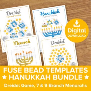 Bundle de modèles de perles fusibles Hanoucca, célébration de la fête juive, modèle artisanal Hama Perler, art menorah sufganyot, jeu Dreidel imprimable