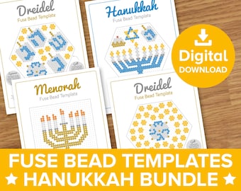 May include: A digital download of four printable fuse bead templates for Hanukkah. The templates include a dreidel game, a menorah with seven branches, a menorah with nine branches, and a Hanukkah menorah with a star of David and a dreidel.