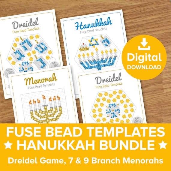 Hanukkah Fuse Bead Template Bundle, Jewish Festival Celebration Hama Perler Craft Pattern, Sufganiyot Menorah Art, Dreidel Game Printable