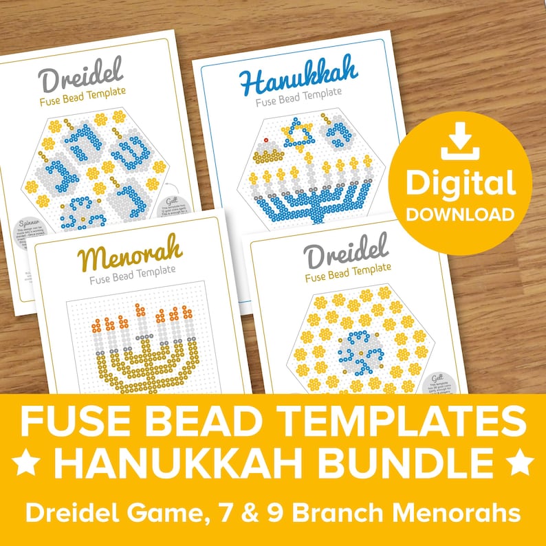 May include: A digital download of four printable fuse bead templates for Hanukkah. The templates include a dreidel game, a menorah with seven branches, a menorah with nine branches, and a Hanukkah menorah with a star of David and a dreidel.