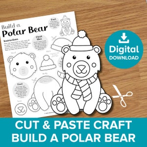 Orso polare ritaglia e incolla, kit da colorare e costruire per Natale, decorazione per albero di Natale con bambola di carta, burattino invernale artico, attività stampabile per bambini