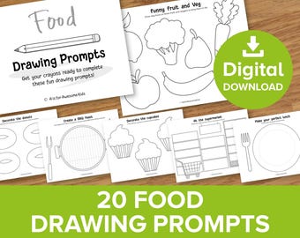 Food Drawing Prompt Bundle, Kids Doodle Picture Challenge, Fruit and Veg Draw Color Complete the Scene, Homeschool Art Worksheet Printable