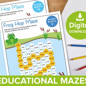 Math Maze Challenge Worksheets, Childrens Maths Activity Pack, Student Home Learning Number Bonds Odd Even Sums, Frog Hop Fun Kids Printable