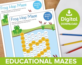 Math Maze Challenge Worksheets, Childrens Maths Activity Pack, Student Home Learning Number Bonds Odd Even Sums, Frog Hop Fun Kids Printable