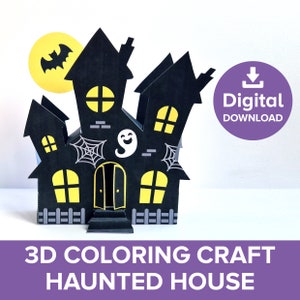 Casa encantada para colorear en 3D, portavelas de casa de muñecas de papel de Halloween, decoración de mansión espeluznante, actividad imprimible de castillo gótico