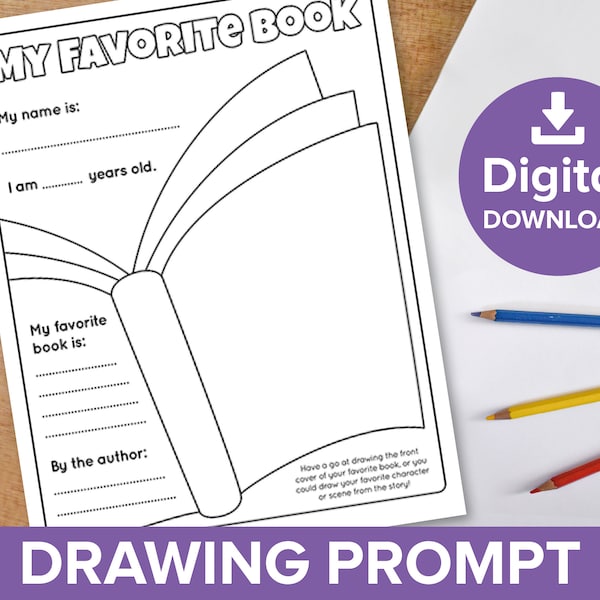 My Favorite Book Worksheet, Kids Drawing Prompt Reading Activity Page, Childrens Favourite Author Coloring Fun, Homeschool Digital Printable