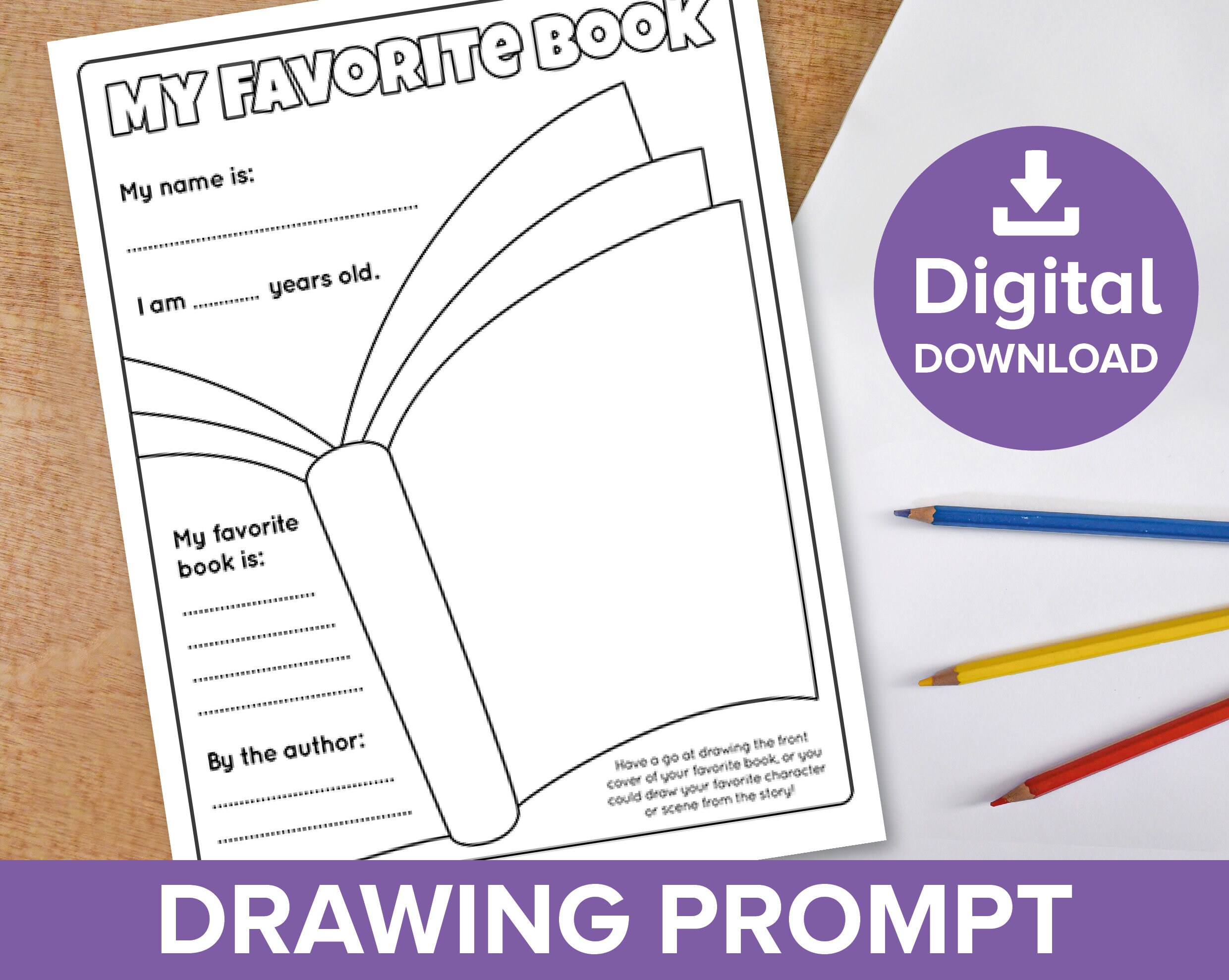 My Favorite Book Worksheet, Kids Drawing Prompt Reading Activity Page,  Childrens Favourite Author Coloring Fun, Homeschool Digital Printable 