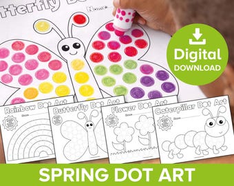 Spring Dot Art Coloring Pages, Summer Garden Worksheet, Dabber Pen Rainbow Printable, Backyard Bugs Pompom Craft, Minibeast Sticker Activity