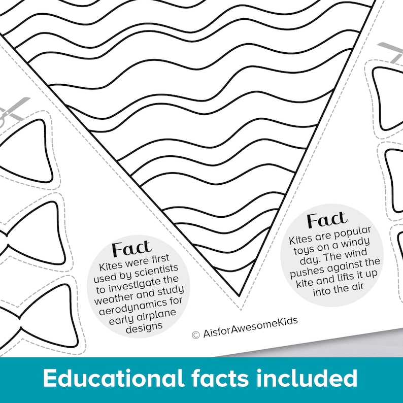 K&ouml;nnte beinhalten: Schwarz-wei&szlig;es Drachen-Bastelset mit wellenf&ouml;rmigen und Fliegenmuster-Designs. Enth&auml;lt lehrreiche Fakten &uuml;ber Drachen. Der Text auf dem Bild lautet "Educational facts included" und "AisforAwesomeKids".