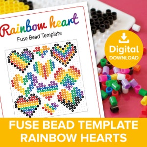 May include: Printable fuse bead template featuring rainbow hearts of different sizes. The template is labelled "Rainbow heart Fuse Bead Template" and "FUSE BEAD TEMPLATE RAINBOW HEARTS".