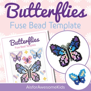 May include: A printable template for making fuse bead butterflies. The template shows three different butterfly designs, including a large butterfly with purple, blue, pink, and yellow beads. The text "Butterflies Fuse Bead Template" is at the top of the page.