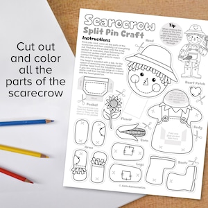 May include: A printable black and white craft activity for making a scarecrow. The printable includes a head, body, arms, legs, boots, a flower, corn, and a heart patch. The instructions say to cut out and color all the parts of the scarecrow.