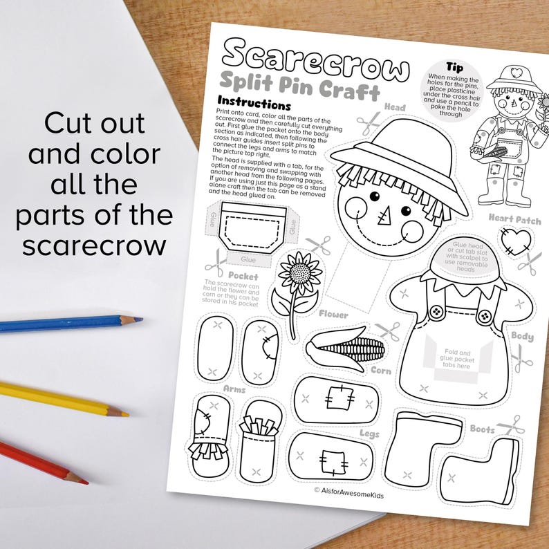 May include: A printable black and white craft activity for making a scarecrow. The printable includes a head, body, arms, legs, boots, a flower, corn, and a heart patch. The instructions say to cut out and color all the parts of the scarecrow.