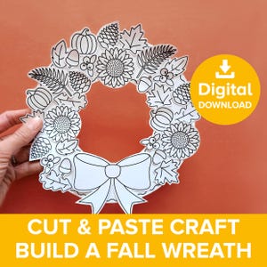 Könnte beinhalten: Schwarz-weiße Strichzeichnung eines Herbstkranzes mit Kürbissen, Sonnenblumen, Blättern und einer Schleife. Das Bild enthält den Text "Digitaler Download" und "Basteln & Kleben Herbstkranz bauen".