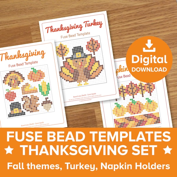 Thanksgiving Fuse Bead Craft Template Bundle, Fall Pumpkin Decor, Autumn Leaves Hama Perler Beads Gift, Turkey Pattern Tutorial Printable