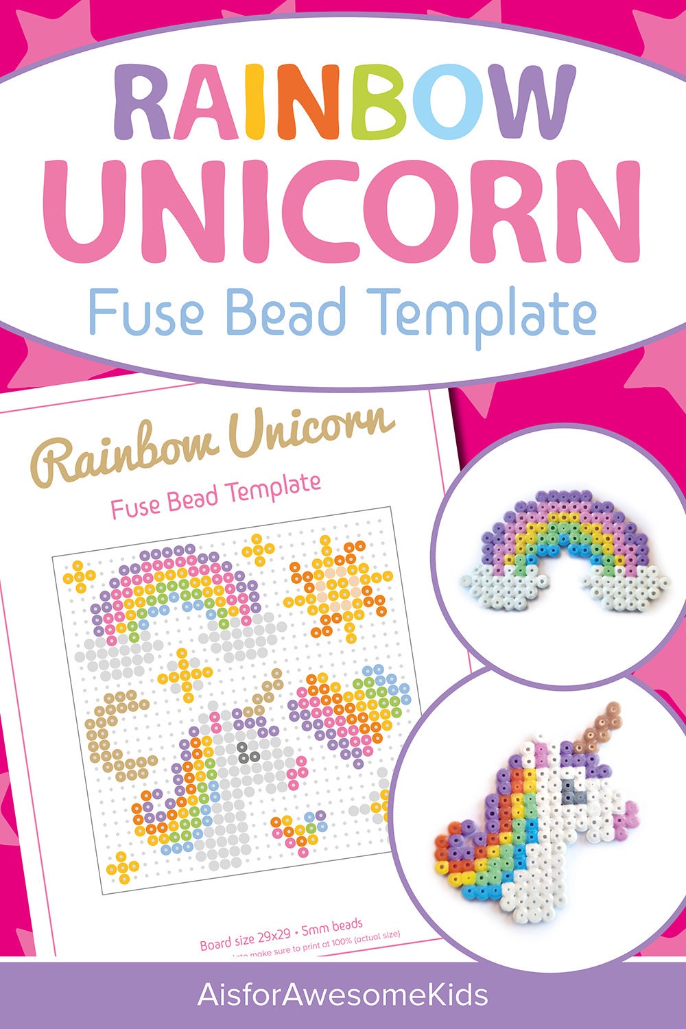 Unicorn & Butterfly Fuse Bead Template Bundle, Hearts and Flowers Bracelet  Craft Pattern, Hama Perler Magical Party Gift Pixel Art Printable 
