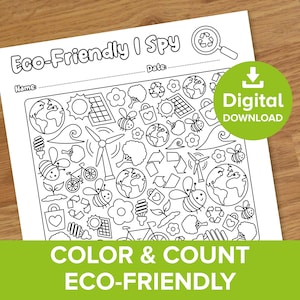 May include: A black and white printable I Spy activity sheet with the title "Eco-Friendly I Spy". The sheet features a variety of eco-friendly icons, including a bee, a flower, a tree, a wind turbine, a bicycle, a light bulb, a recycling symbol, a solar panel, and the Earth.