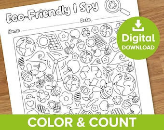 Eco-Friendly I Spy Worksheet, Earth Day Eye Spy Color & Count Challenge, Homeschool Resource Coloring Page, Eco Educational Math Printable