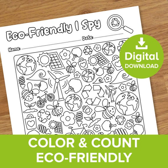 Eco-Friendly I Spy Worksheet, Earth Day Eye Spy Color & Count Challenge, Homeschool Resource Coloring Page, Eco Educational Math Printable