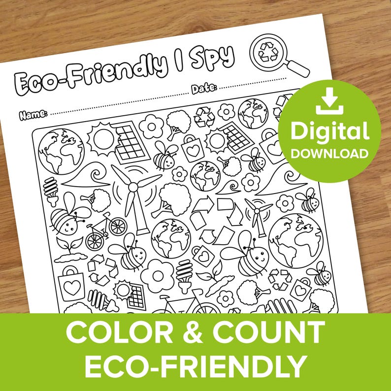 May include: A black and white printable I Spy activity sheet with the title "Eco-Friendly I Spy". The sheet features a variety of eco-friendly icons, including a bee, a flower, a tree, a wind turbine, a bicycle, a light bulb, a recycling symbol, a solar panel, and the Earth.