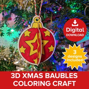 3D-julkulor, klipp och klistra utskrivbara julgransdekorationer, aktivitetskit med julgransprydnader, målarbilder med festliga hängande bollar