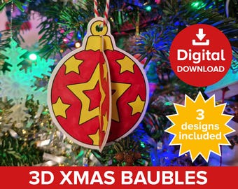 Manualidades de bolas navideñas 3D, adornos para cortar y pegar imprimibles para el árbol, kit de actividades para adornos navideños, páginas para colorear de bolas colgantes festivas