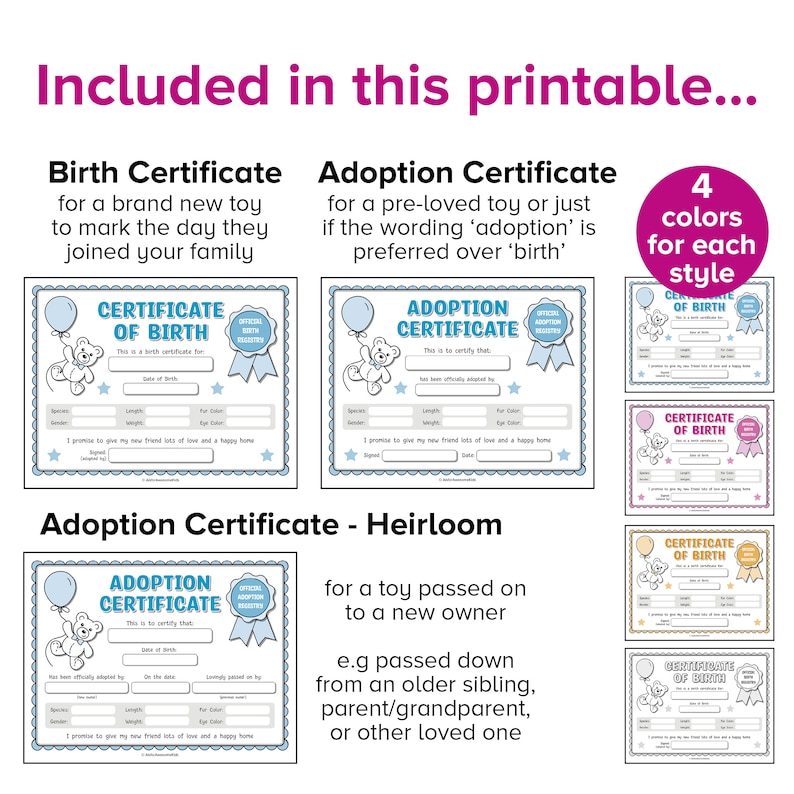 Adoption Ribbon Color Teddy Birth Certificates, Plushie Adoption Certificate Form Template ...
