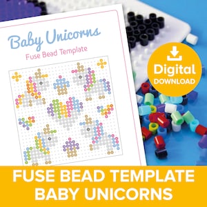 Baby Unicorns Fuse Bead Template, Rainbow Heart Craft Pattern, Hama Perler Pyssla Magical Birthday Party Gift, Pixel Art Printable Activity