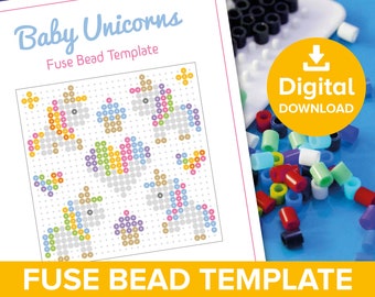 Baby Unicorns Fuse Bead Template, Rainbow Heart Craft Pattern, Hama Perler Pyssla Magical Birthday Party Gift, Pixel Art Printable Activity