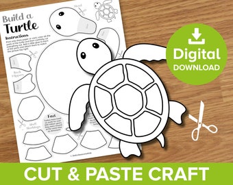 Turtle Cut & Paste Craft Printable, Spring Color and Build Art Kit, Ocean Animals Puppet Model, Underwater Sea Creatures Activity Template