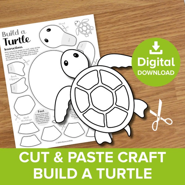 Turtle Cut & Paste Craft Printable, Spring Color and Build Art Kit, Ocean Animals Puppet Model, Underwater Sea Creatures Activity Template