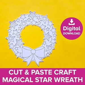 May include: A white paper wreath cutout featuring various star shapes and a large bow at the bottom, with some stars containing horizontal line patterns. The image includes a pink circle with a download icon and the text Digital DOWNLOAD.