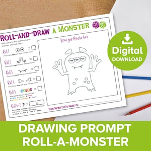 Roll & Draw a Monster Drawing Prompt Activity, Kids Halloween Dice Game, Childrens Alien Party Idea Coloring, Download Printable Activities