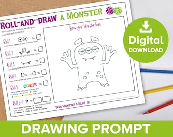 May include: A printable worksheet for kids to roll dice and draw a monster. The worksheet includes instructions to roll dice to determine the number of eyes, legs, teeth, arms, and the color of the monster. There is a space to draw the monster and a space to write the monster's name.