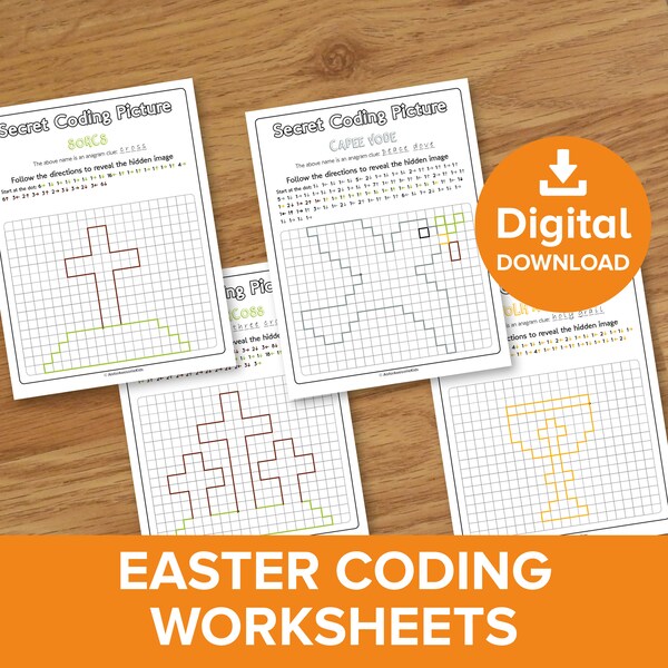 Easter Coding Worksheets, Christian Cross Religious Picture Reveal, Jesus Pixel Art Decode, Holy Grail Code, Homeschool Printable Activities