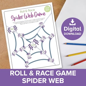 Può includere: Un tabellone di gioco a ragnatela di ragno stampabile con un ragno in ogni angolo della ragnatela. Il tabellone di gioco è progettato per uno o due giocatori che devono muovere i loro gettoni intorno alla ragnatela tirando un dado. Il tabellone di gioco ha le parole "Roll & Race Spider Web Game" in alto e "Start" e "Finish" in basso.