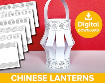 Chinees Nieuwjaar knutselen met papieren lantaarn, maanlentefestival van het licht Afdrukbaar, knippen en kleuren Oosters design Lampdecoratie activiteitsproject