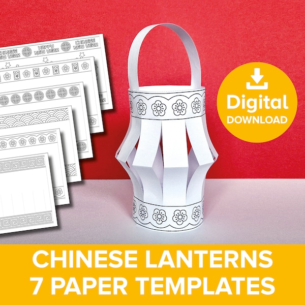 Chinese New Year Paper Lantern Craft, Lunar Spring Festival of Light Printable, Cut & Color Oriental Design Lamp Decoration Activity Project